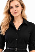 Black embellished poplin shirt dress with embroidered floral hem