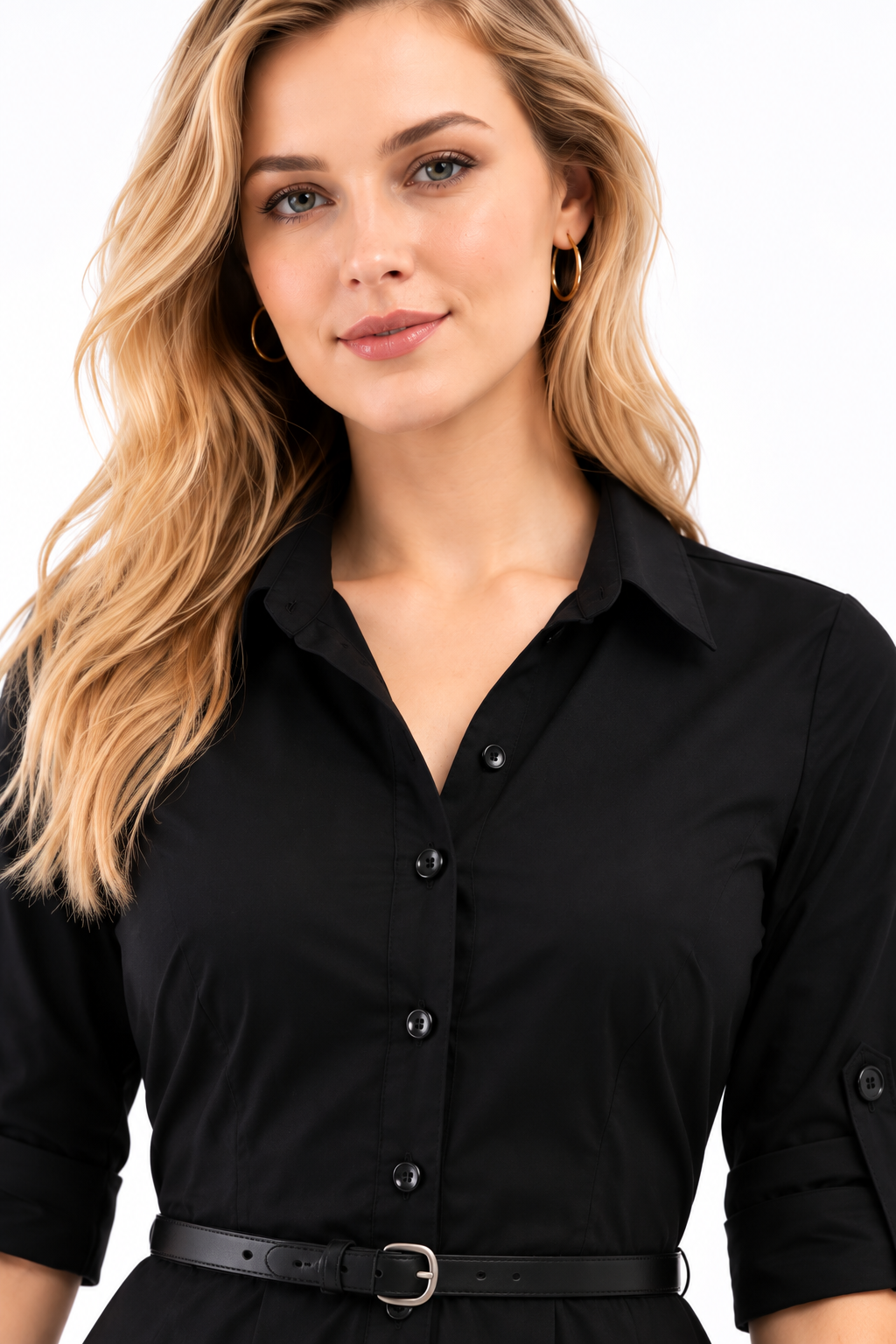 Black embellished poplin shirt dress with embroidered floral hem