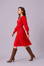 Plunge Cotton Poplin Ruched Tier Dress