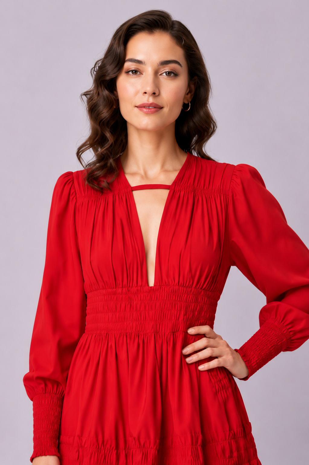 Plunge Cotton Poplin Ruched Tier Dress
