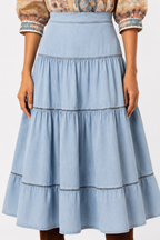 Ice Blue Tiered Denim Midi Skirt