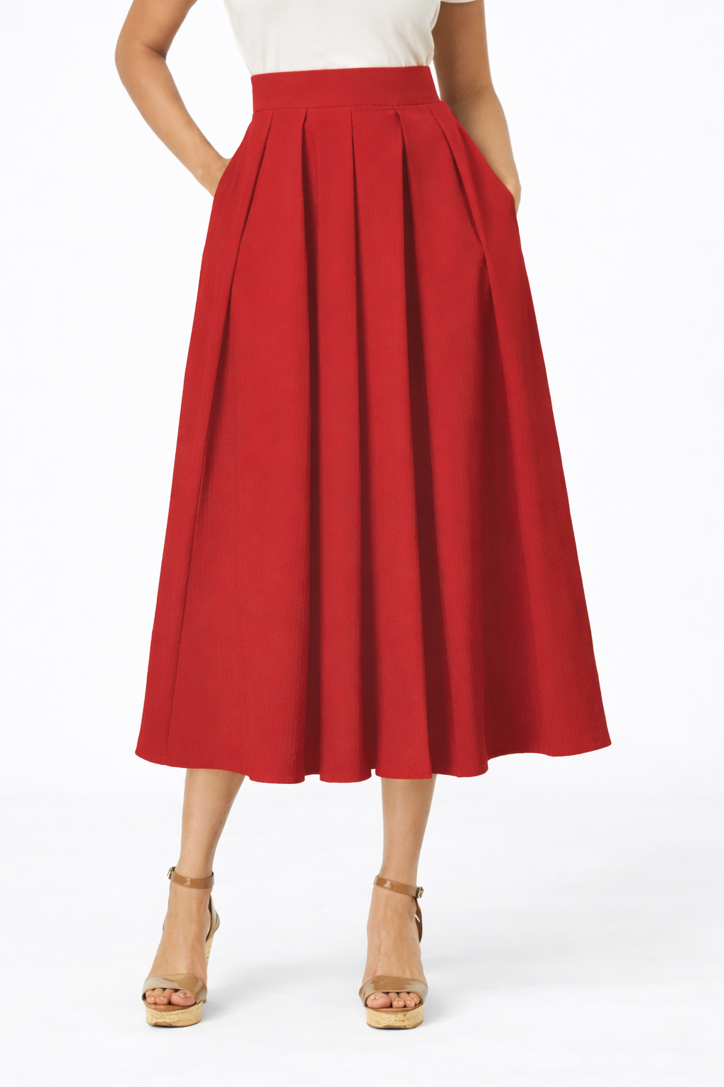 Pleated Cotton Poplin Midi Skirt
