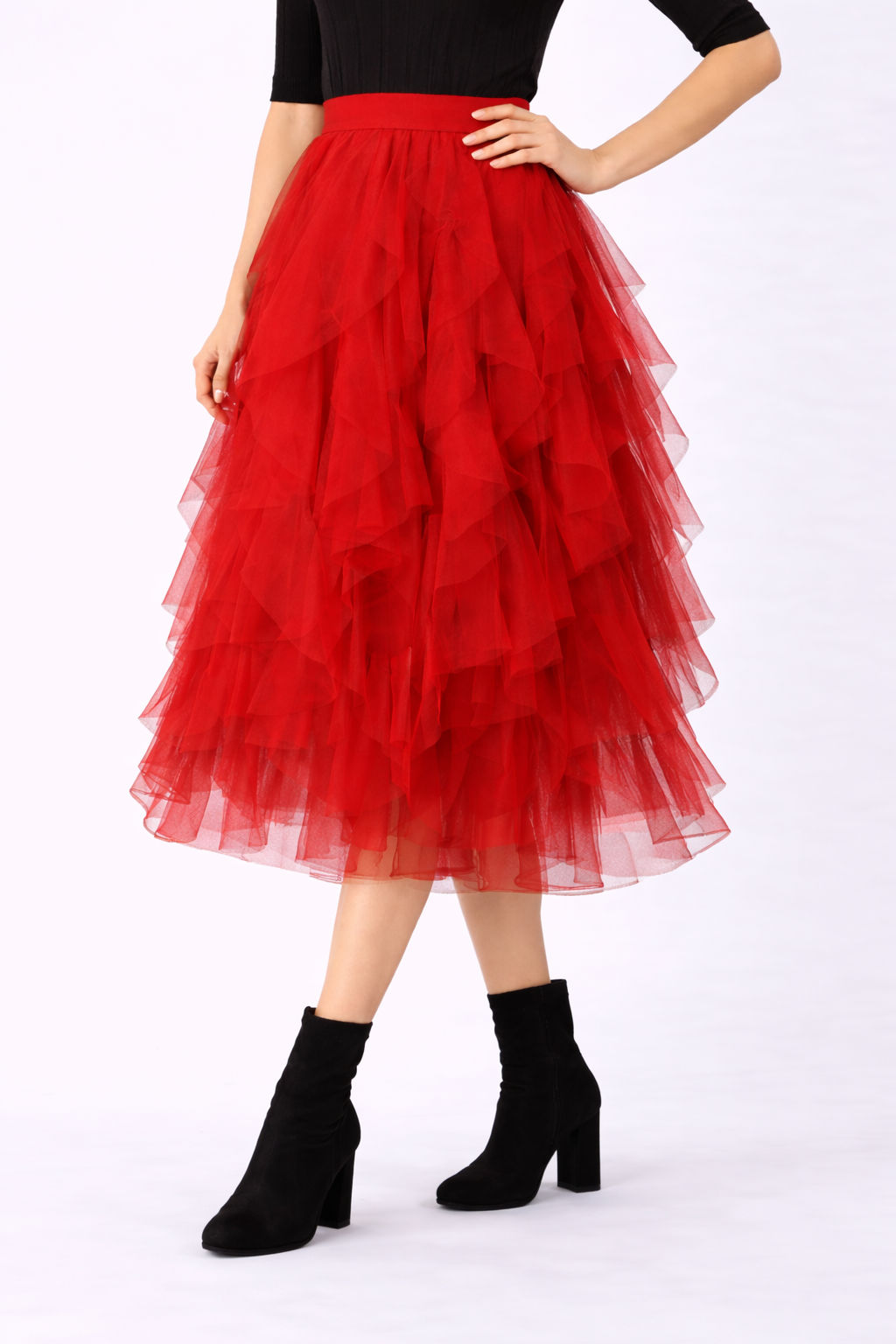 Raw Edge Ruffle Asymmetric Layer Sheer Mesh Skirt