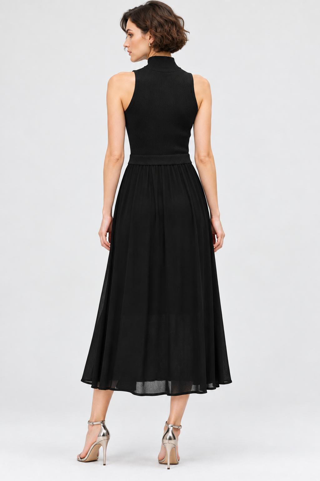 women’s black satin sleeveless high-neck pleated midi dress