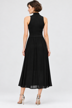 women’s black satin sleeveless high-neck pleated midi dress