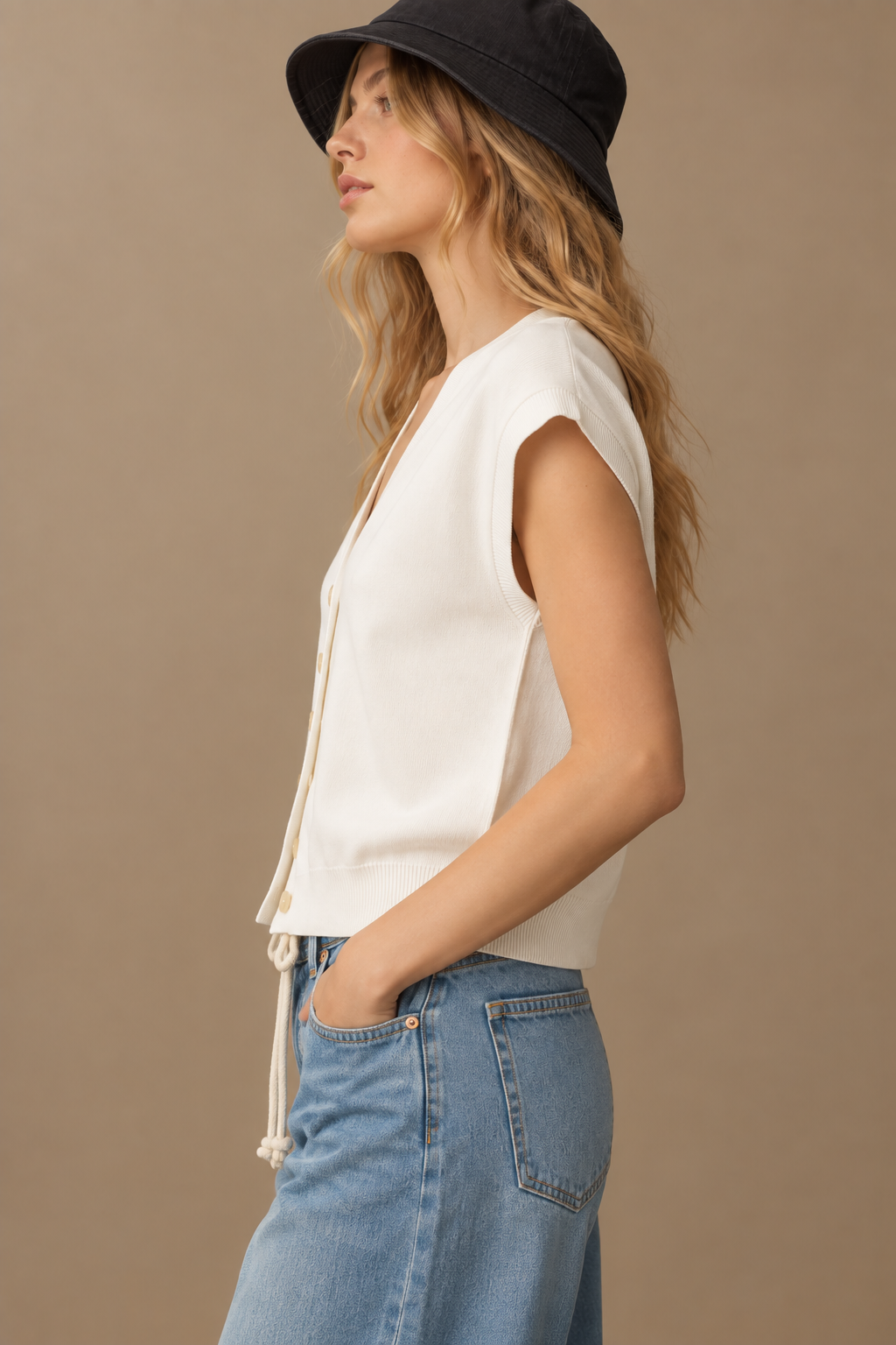 women's white cotton v-neck button-down knit top