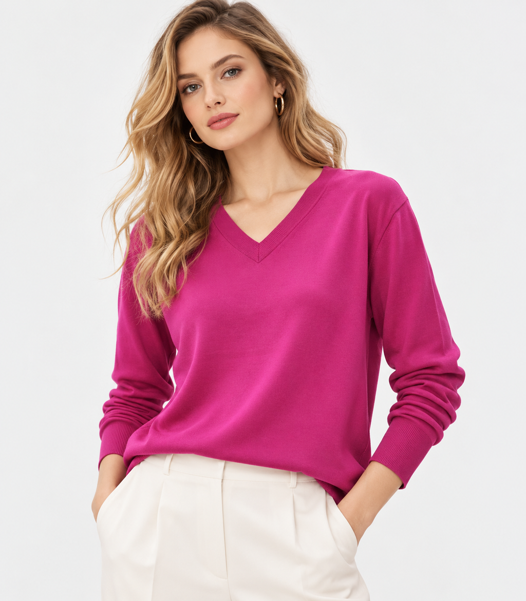 women's pink rib knit v-neck sweater