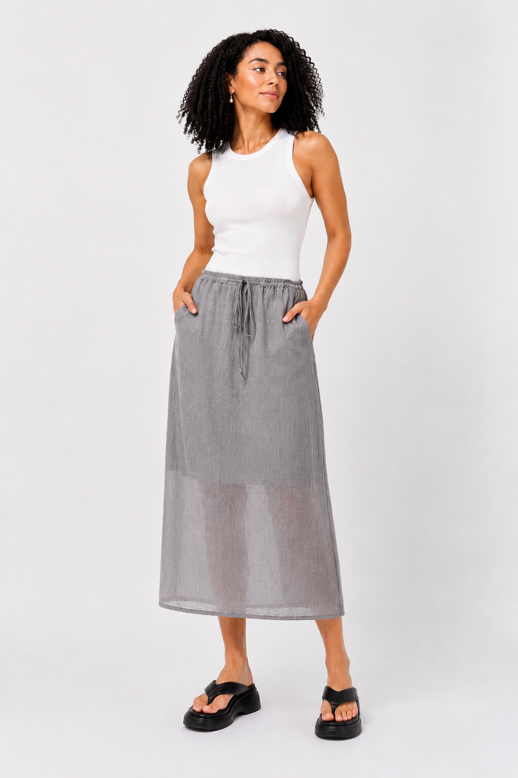 Drawstring Linen Blend Maxi Skirt