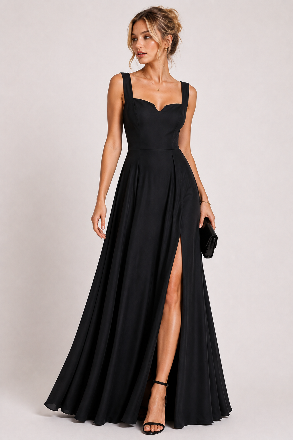 Black French Crepe Sleeveless Sweetheart Neck Maxi Dress with Front Slit