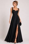 Black French Crepe Sleeveless Sweetheart Neck Maxi Dress with Front Slit