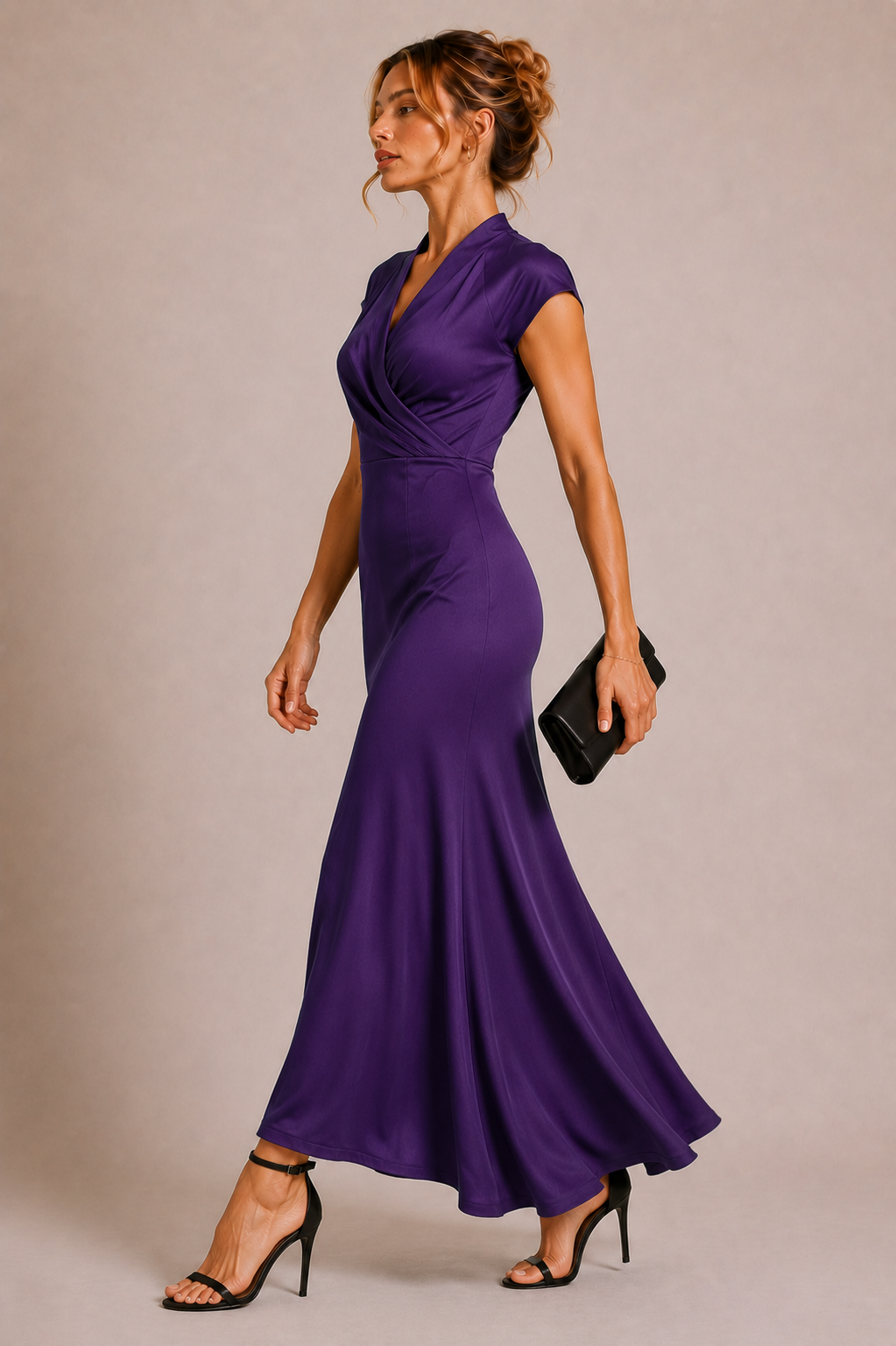 Purple Crepe Wrap-Style Maxi Dress with Short Sleeves
