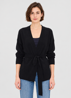 women's black wool blend wrap cardigan with tie belt and front pockets