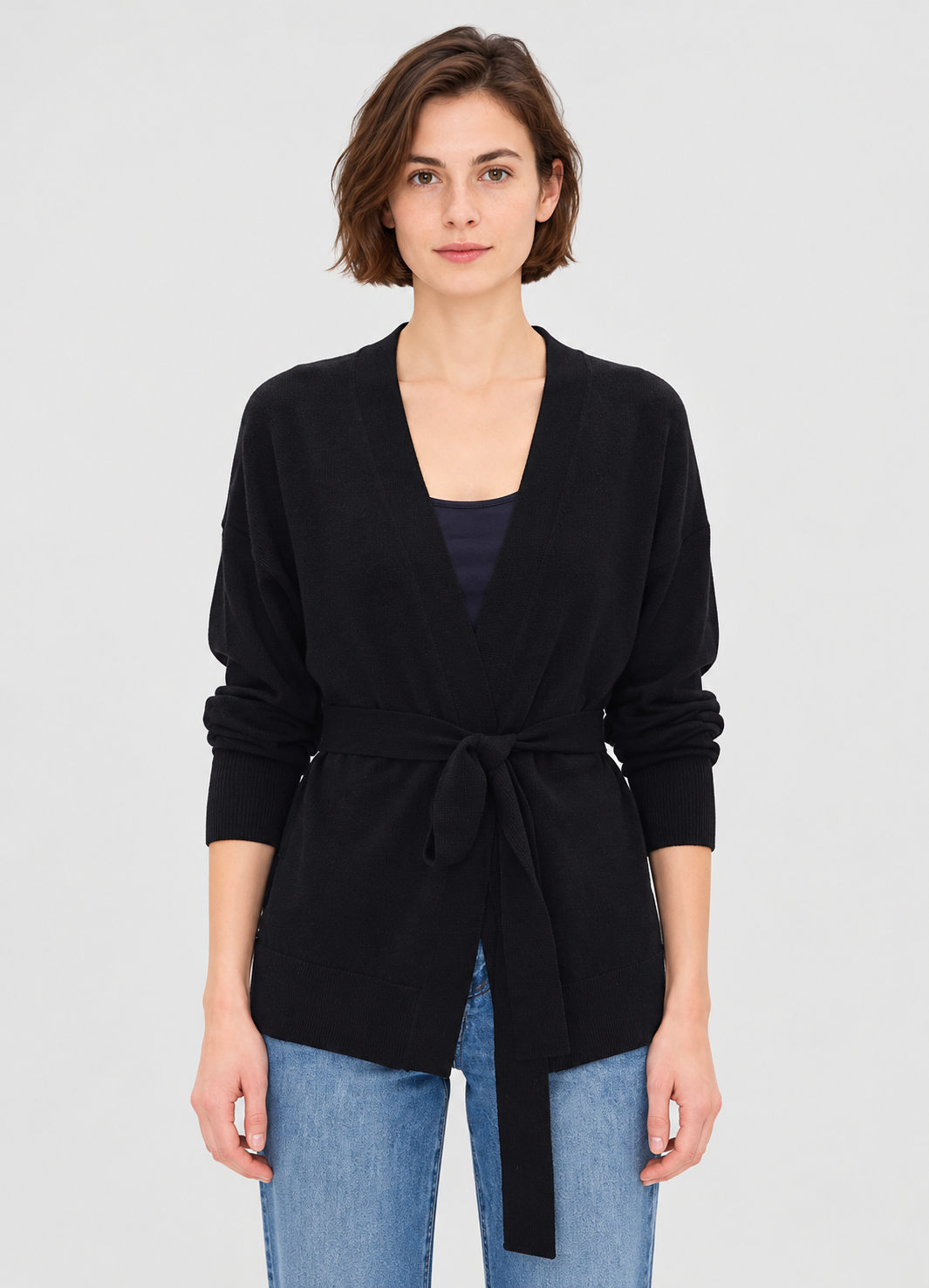 women's black wool blend wrap cardigan with tie belt and front pockets