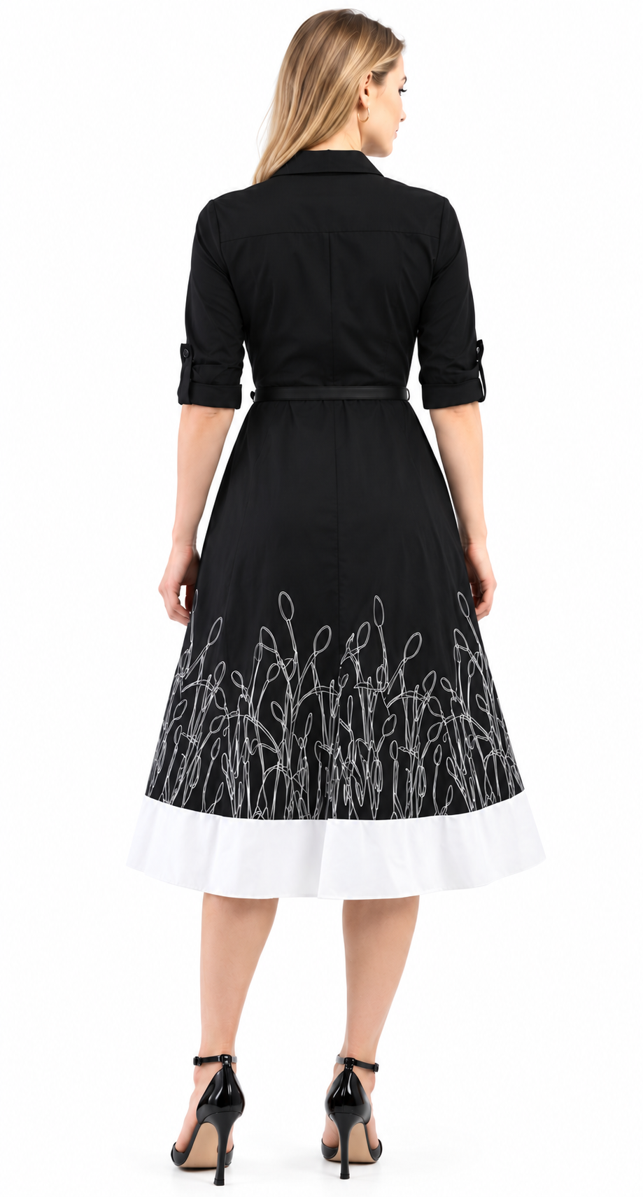 Black embellished poplin shirt dress with embroidered floral hem