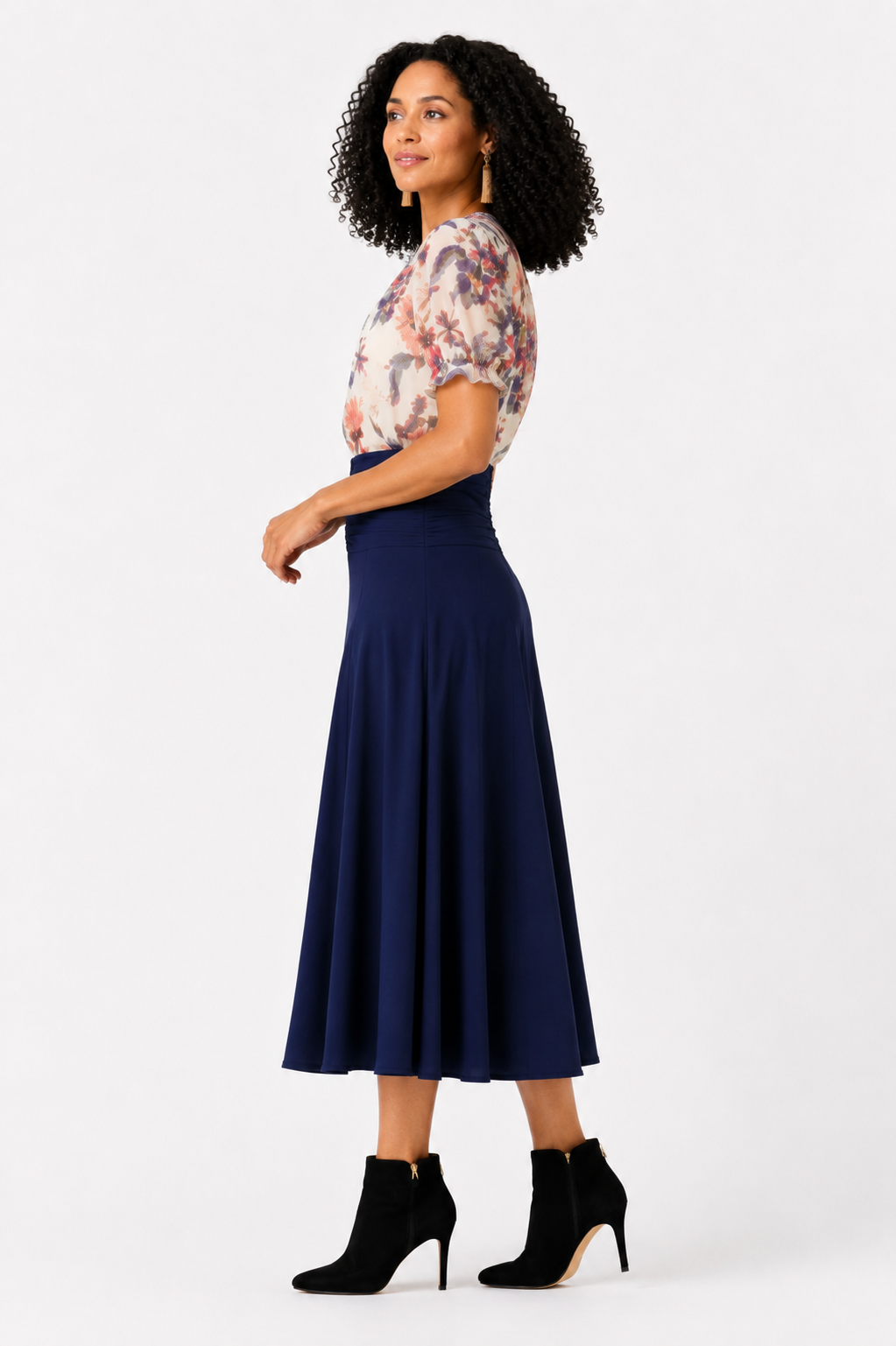 Navy High-Waisted Flared Midi Skirt