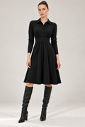 Women’s Black Jersey Collared Midi Dress with Ruched Waist & Flared Skirt