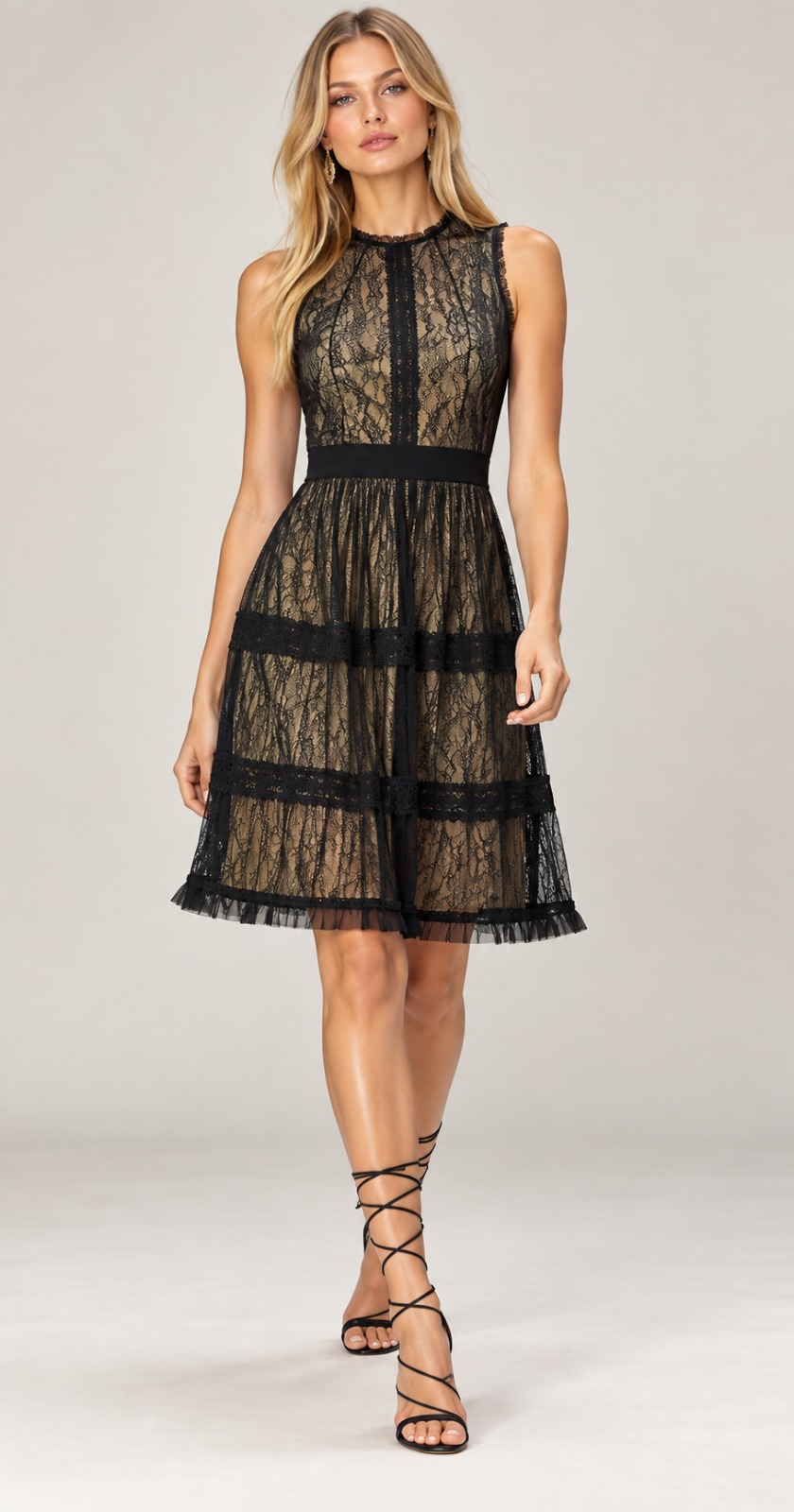 Black Lace Embellished Sheer Tulle Midi Dress