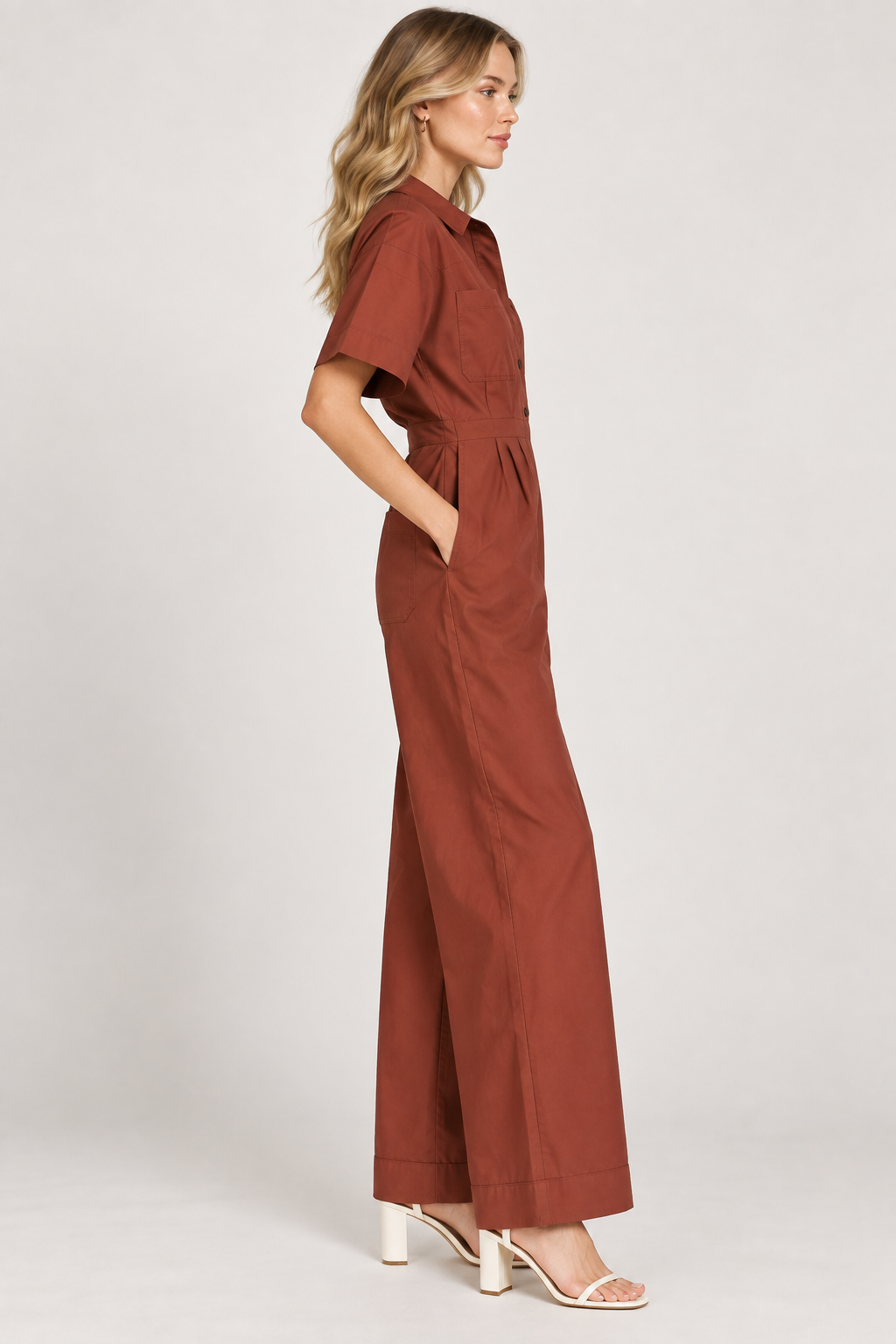 Women’s Rust Brown Cotton Wide-Leg Utility Jumpsuit