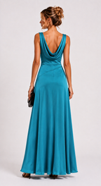 Turquoise Blue Heavy Crepe Draped Cowl Neck Maxi Dress with Front Slit