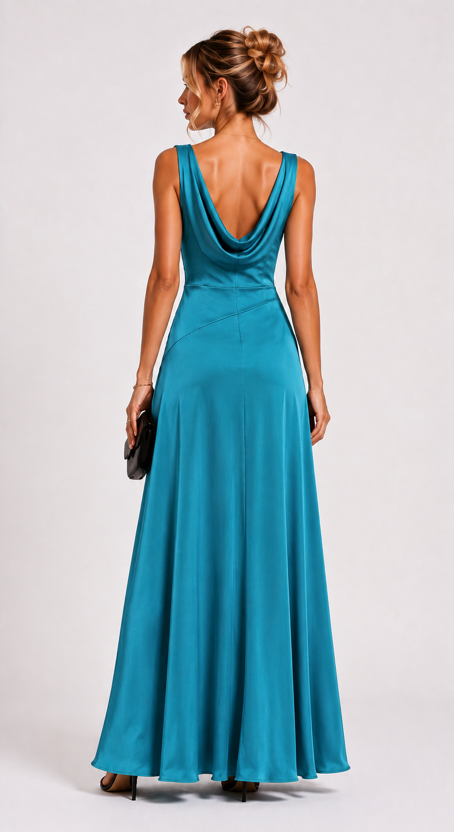 Turquoise Blue Heavy Crepe Draped Cowl Neck Maxi Dress with Front Slit