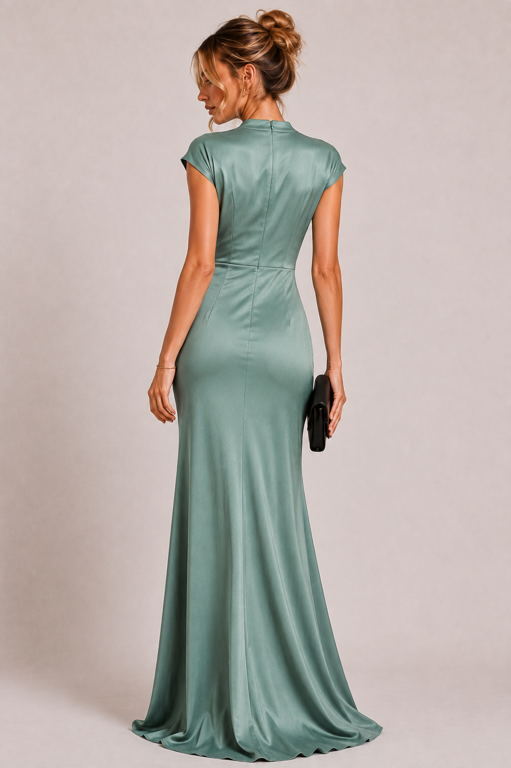 Sage Green Crepe Elegant Draped Waist Maxi Dress
