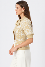 linen cotton jacquard knit cardigan for women