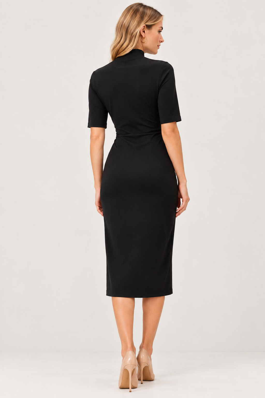 women's black stretch poly crepe high neck midi dress
