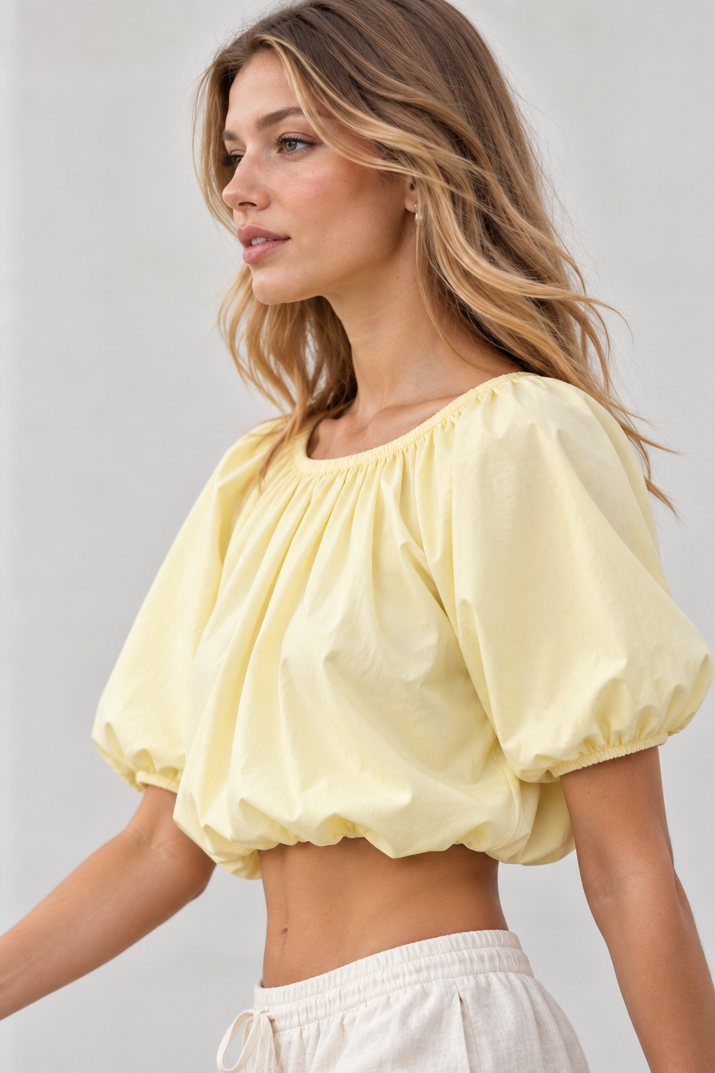 Women’s Yellow Cotton Puff Sleeve Cropped Top