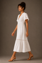 White Cotton Gauze Lace Trim Midi Dress