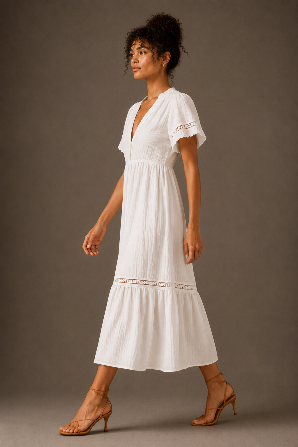 White Cotton Gauze Lace Trim Midi Dress