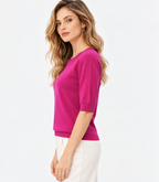 Women's Pink Rib Knit Top with Round Neck and Half Sleeves