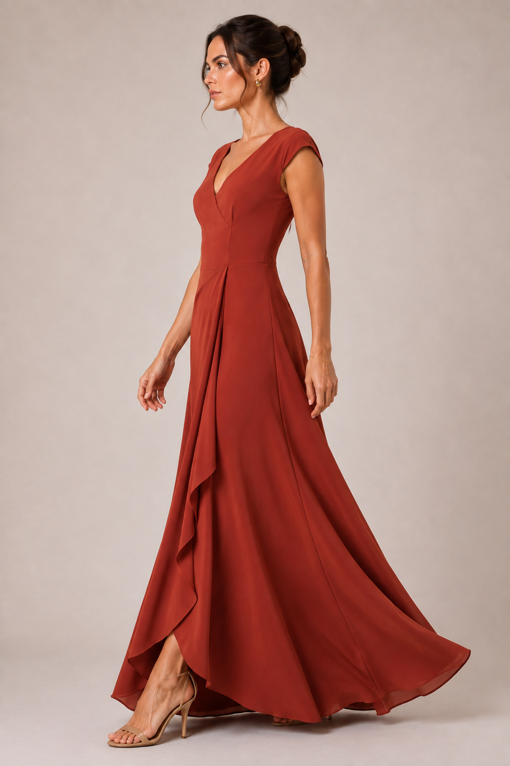 Rust Orange Heavy Crepe Wrap-Style Maxi Dress with V-Neck and Ruffle Detail