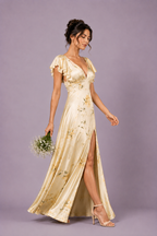 Floral Satin Flutter Sleeve Maxi Dress