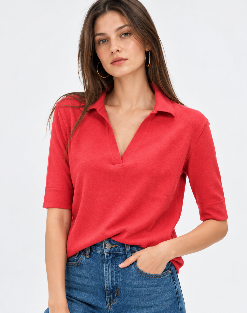 Red Linen Blend Knit Top for Women

