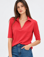 Red Linen Blend Knit Top for Women

