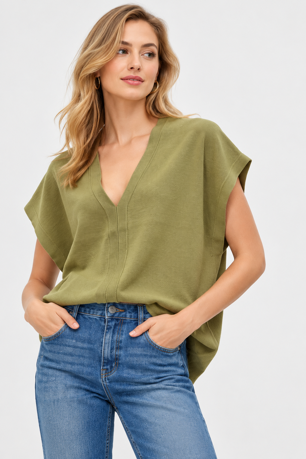 women's olive green rib knit v-neck sleeveless sweater top