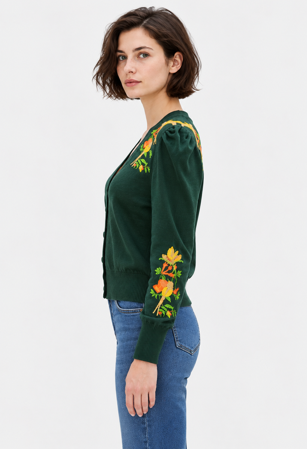 women's dark green embroidered cotton knit cardigan with puff sleeves