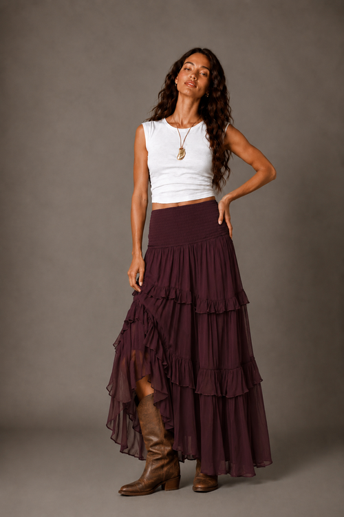 Burgundy Smocked Ruffle High-Low Maxi Skirt