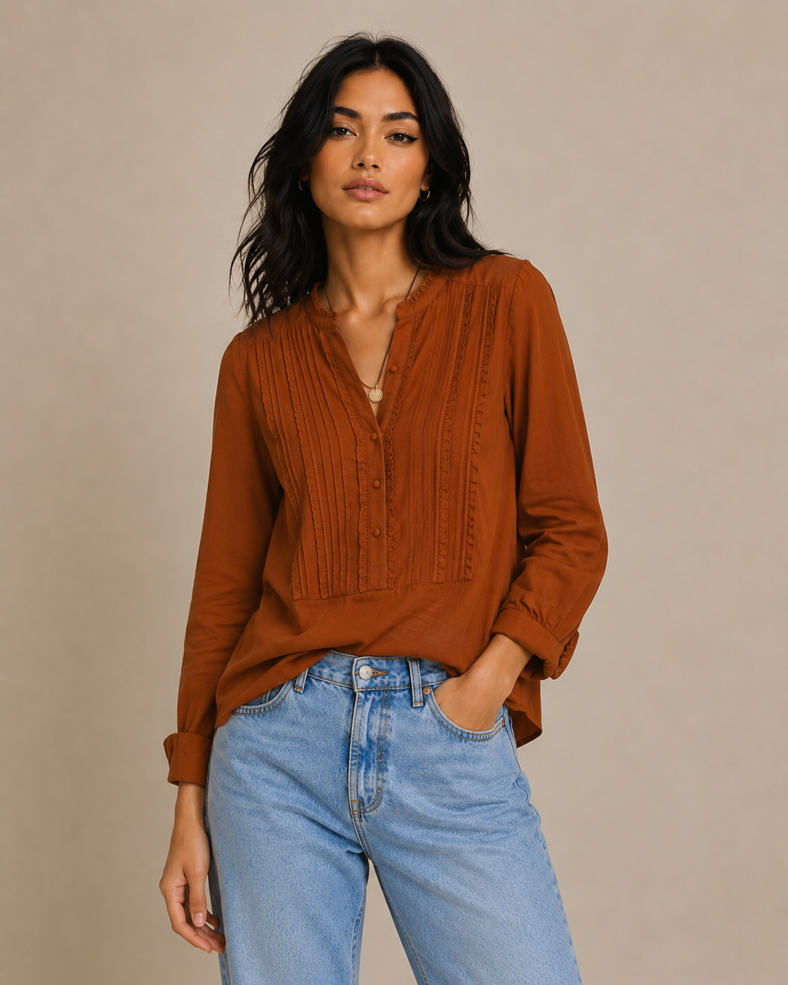 Women’s Rust Cotton Pintuck Button-Front Blouse