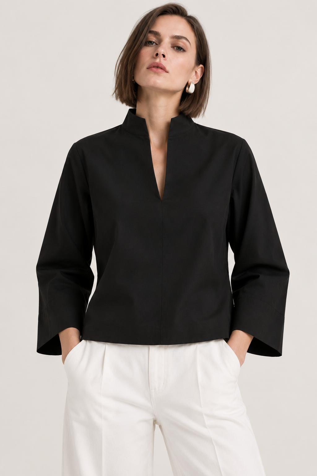 Women’s Black Cotton Mandarin Collar Top