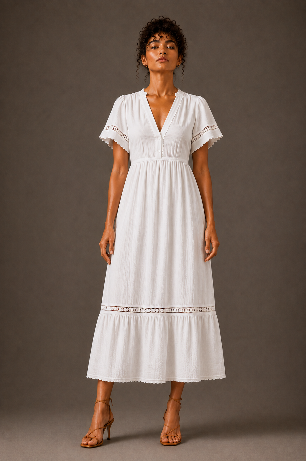 White Cotton Gauze Lace Trim Midi Dress