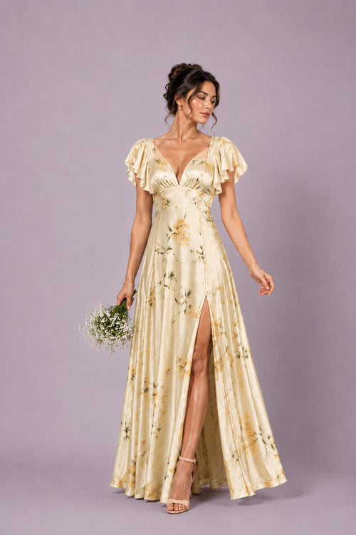 Floral Satin Flutter Sleeve Maxi Dress