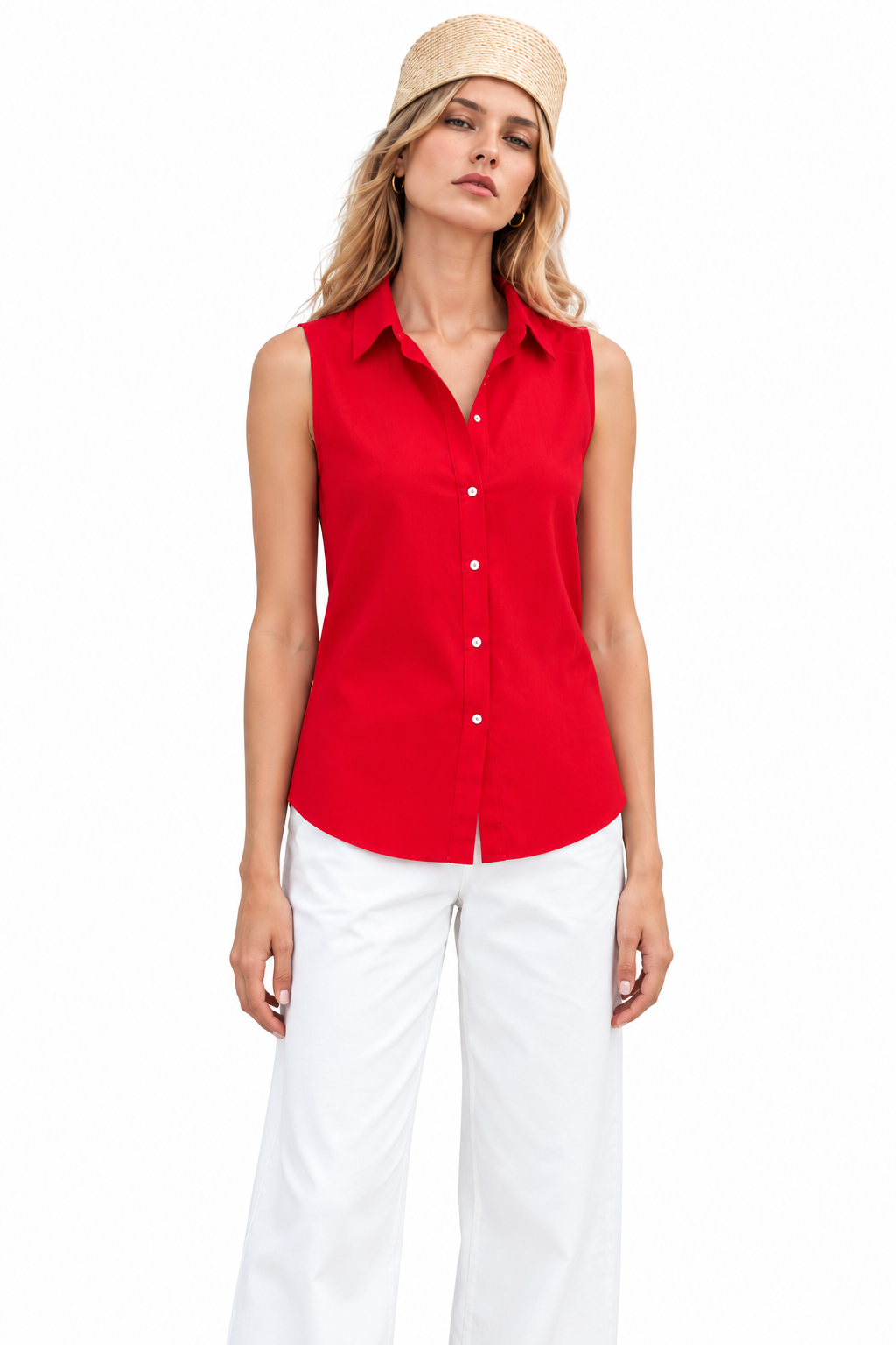 Women’s Red Poplin Button-Down Shirt