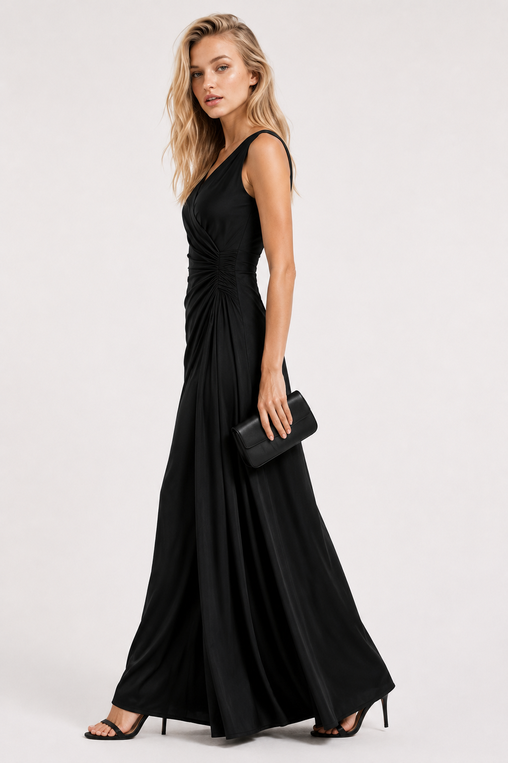Black French Crepe Ruched Maxi Dress
