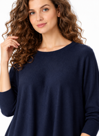 Women's Navy Blue Cotton Blend Knit Sweater with Crew Neck and Relaxed Fit