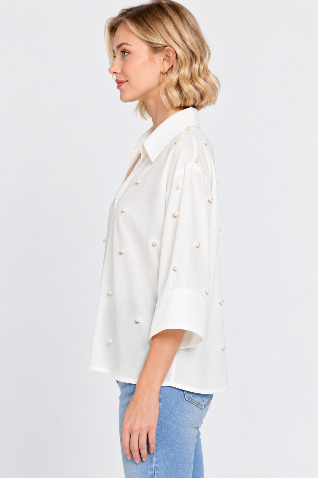 Women’s White Cotton Pearl-Detail Relaxed Top