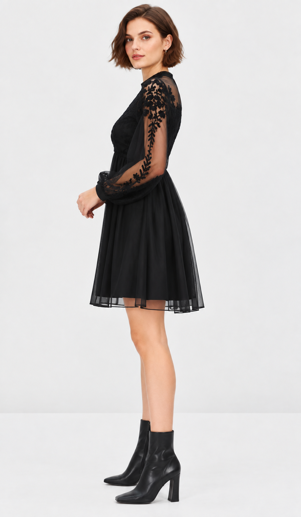 women’s black embroidered tulle mini dress