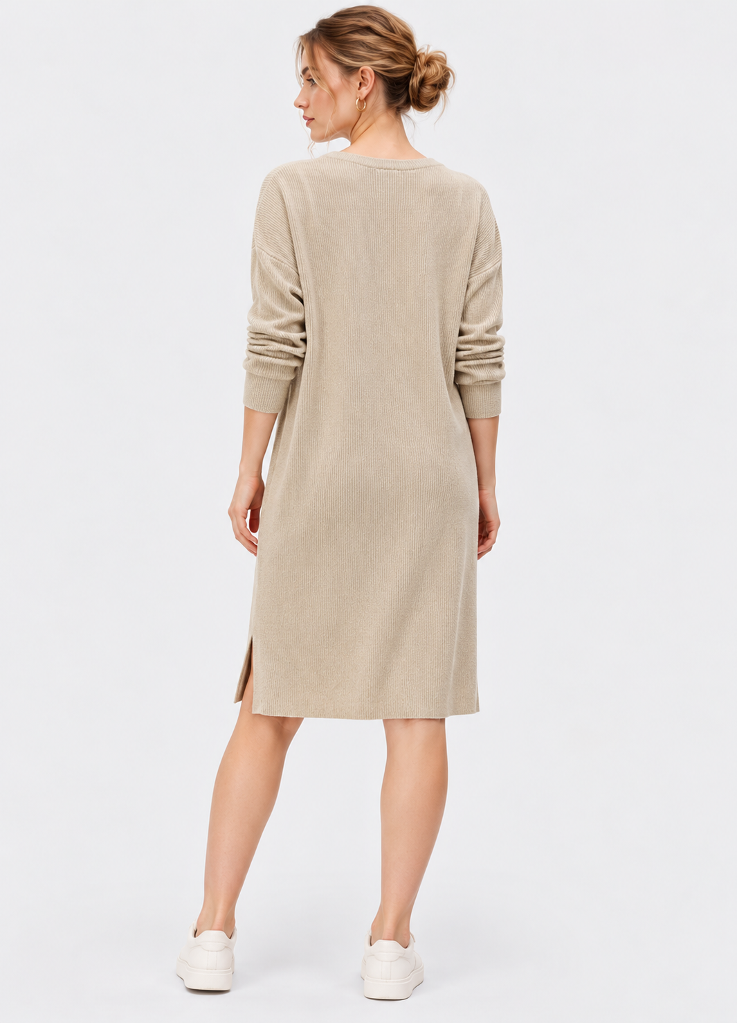 women's beige linen cotton rib knit button-front dress with three-quarter sleeves