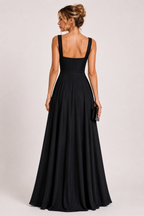 Black French Crepe Sleeveless Sweetheart Neck Maxi Dress with Front Slit