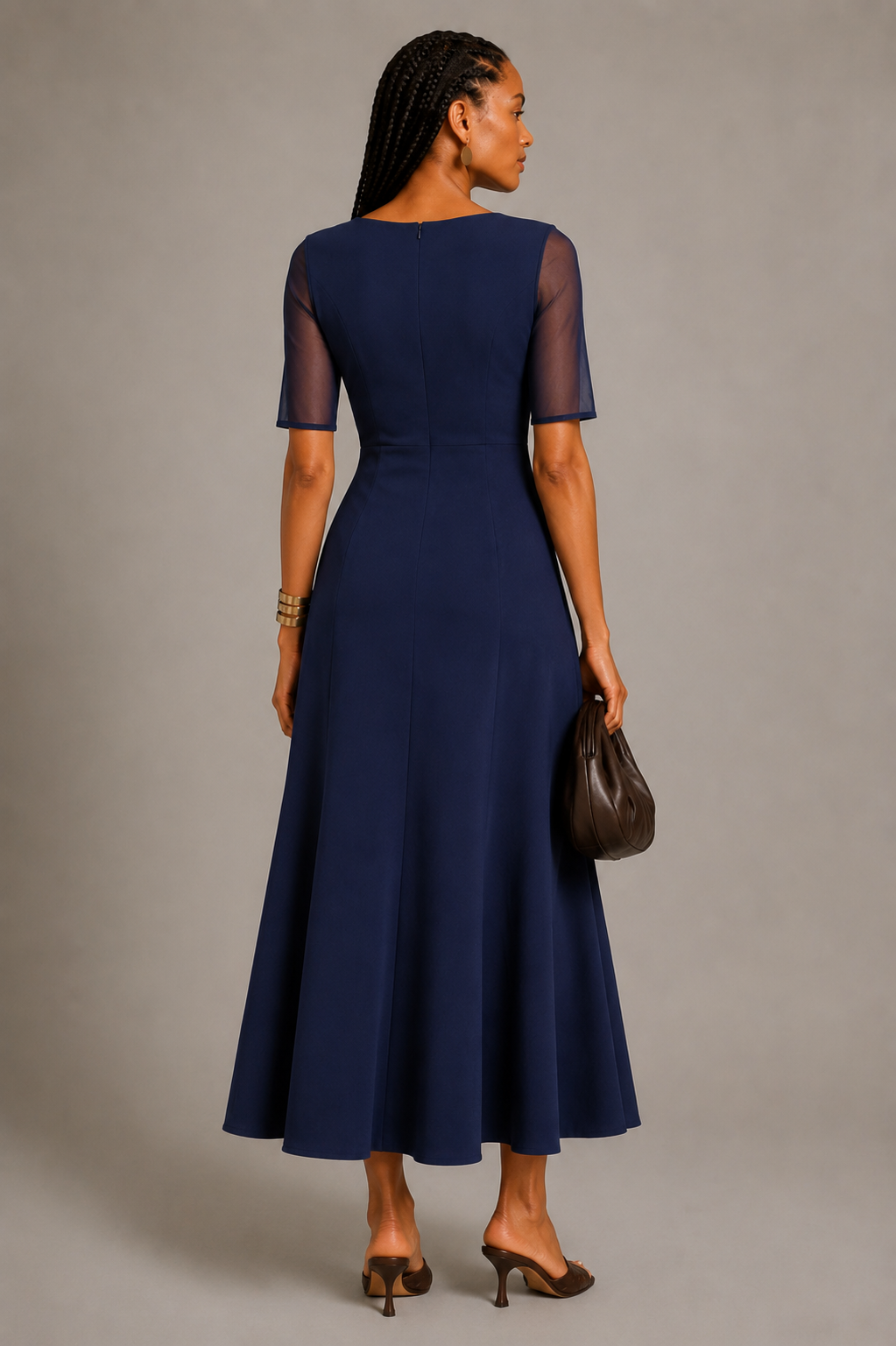 Navy Blue Satin Crepe A-Line Midi Dress with Sheer Sleeves